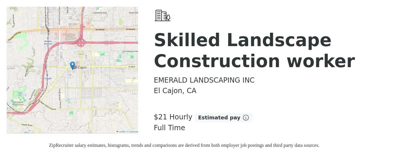 EMERALD LANDSCAPING INC job posting for a Skilled Landscape Construction worker in El Cajon, CA with a salary of $22 Hourly with a map of El Cajon location.