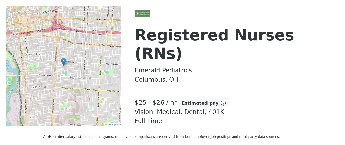 Emerald Pediatrics job posting for a Registered Nurses (RNs) in Columbus, OH with a salary of $26 to $28 Hourly and benefits including 401k, dental, medical, and vision with a map of Columbus location.