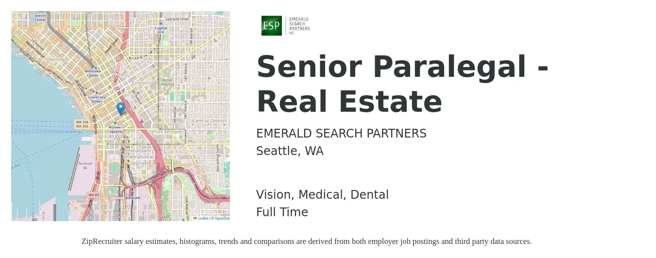 EMERALD SEARCH PARTNERS job posting for a Senior Paralegal - Real Estate in Seattle, WA with a salary of $66,600 to $98,400 Yearly and benefits including dental, life_insurance, medical, pto, retirement, and vision with a map of Seattle location.
