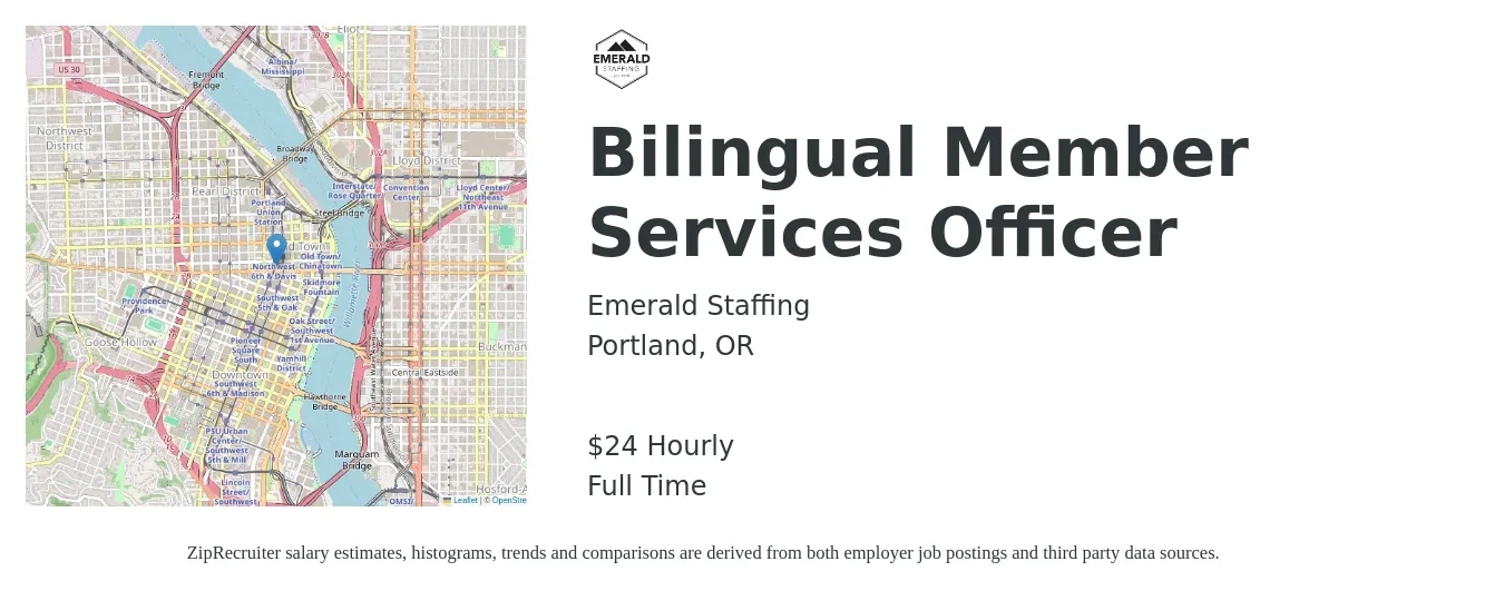 Emerald Staffing job posting for a Bilingual Member Services Officer in Portland, OR with a salary of $25 Hourly with a map of Portland location.