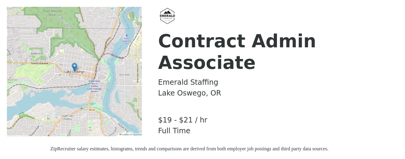 Emerald Staffing job posting for a Contract Admin Associate in Lake Oswego, OR with a salary of $20 to $22 Hourly with a map of Lake Oswego location.