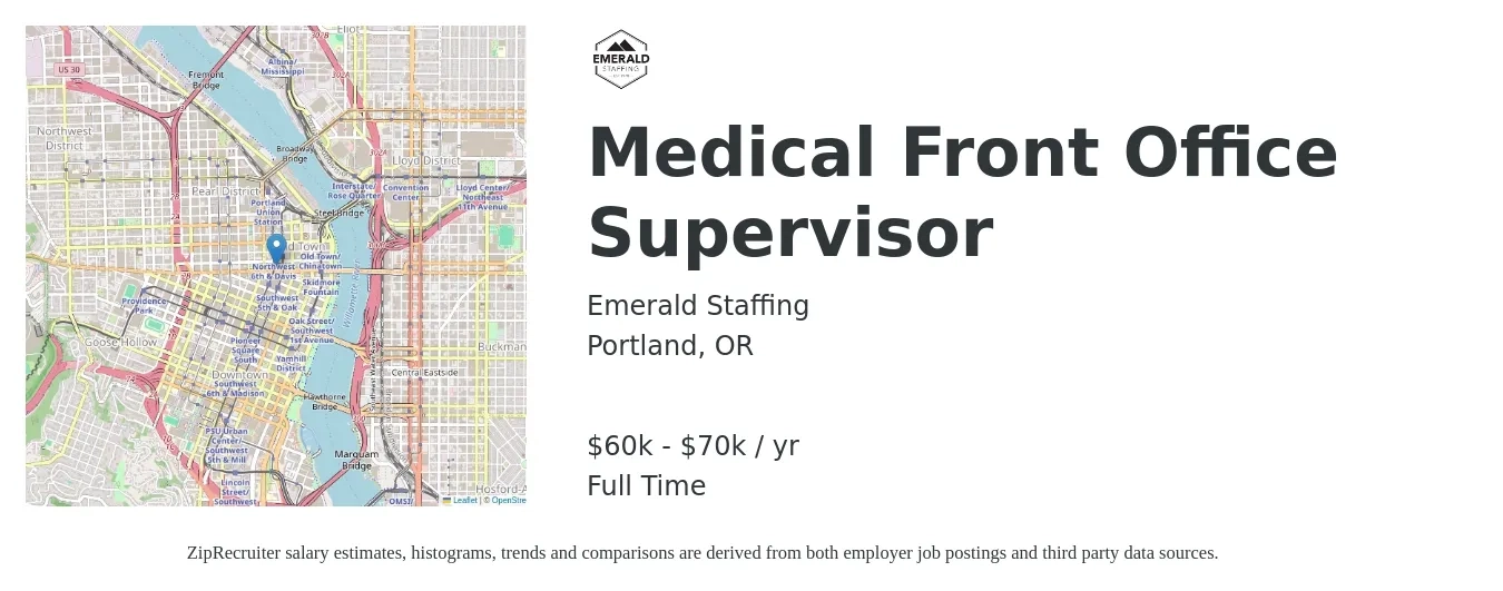 Emerald Staffing job posting for a Medical Front Office Supervisor in Portland, OR with a salary of $60,000 to $70,000 Yearly with a map of Portland location.
