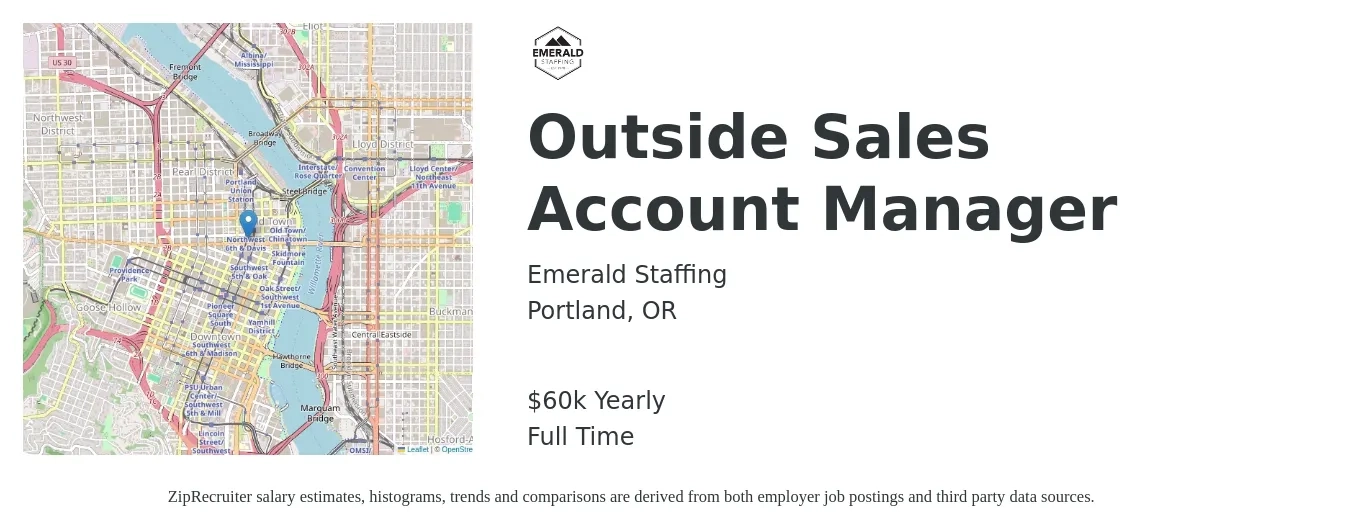 Emerald Staffing job posting for a Outside Sales Account Manager in Portland, OR with a salary of $60,000 Yearly with a map of Portland location.
