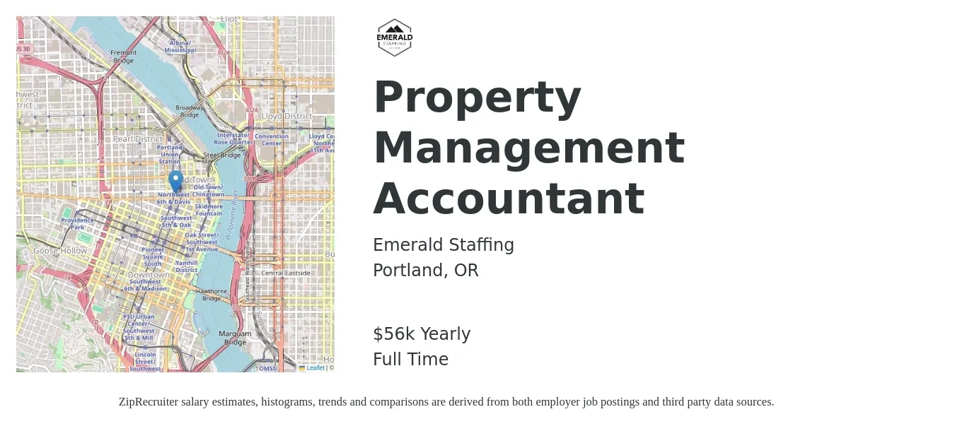 Emerald Staffing job posting for a Property Management Accountant in Portland, OR with a salary of $56,000 Yearly with a map of Portland location.