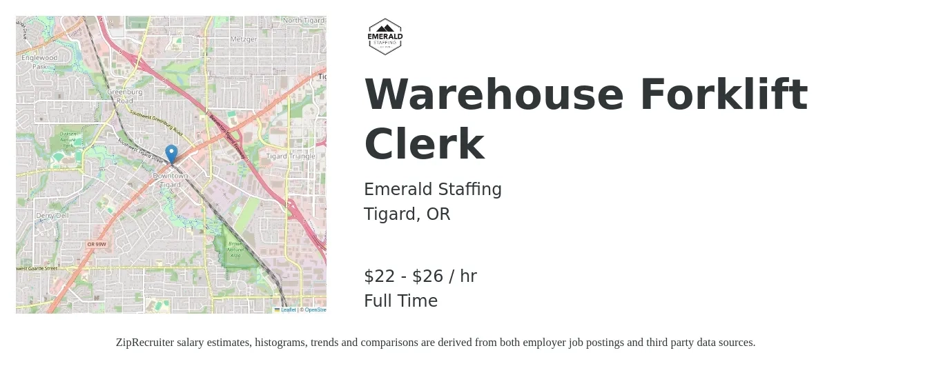 Emerald Staffing job posting for a Warehouse Forklift Clerk in Tigard, OR with a salary of $23 to $28 Hourly with a map of Tigard location.