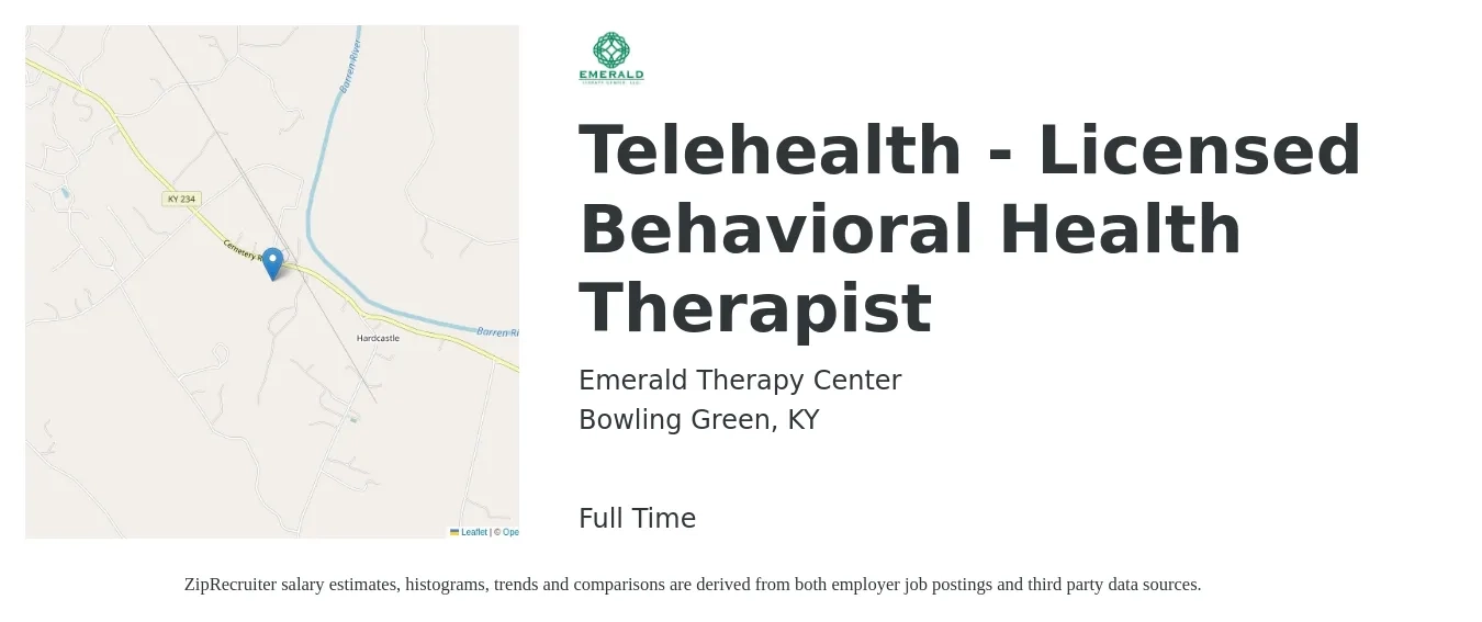 Emerald Therapy Center job posting for a Telehealth - Licensed Behavioral Health Therapist in Bowling Green, KY with a salary of $45 Hourly with a map of Bowling Green location.