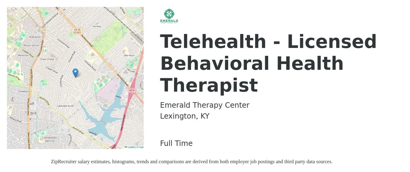 Emerald Therapy Center job posting for a Telehealth - Licensed Behavioral Health Therapist in Lexington, KY with a salary of $45 Hourly with a map of Lexington location.