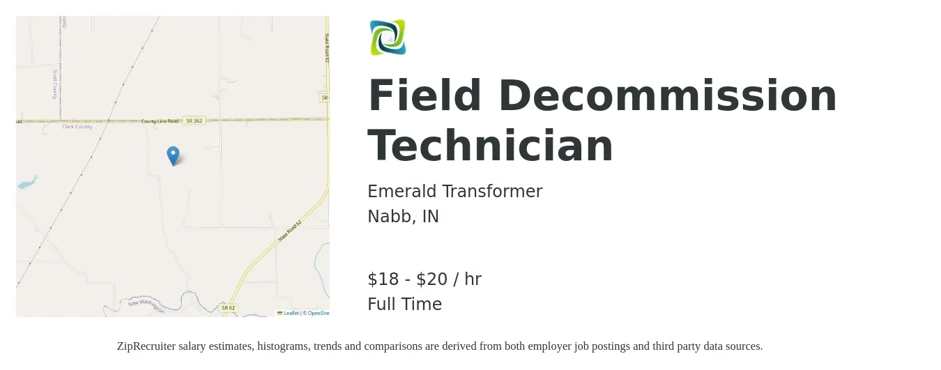 Emerald Transformer job posting for a Field Decommission Technician in Nabb, IN with a salary of $19 to $21 Hourly with a map of Nabb location.
