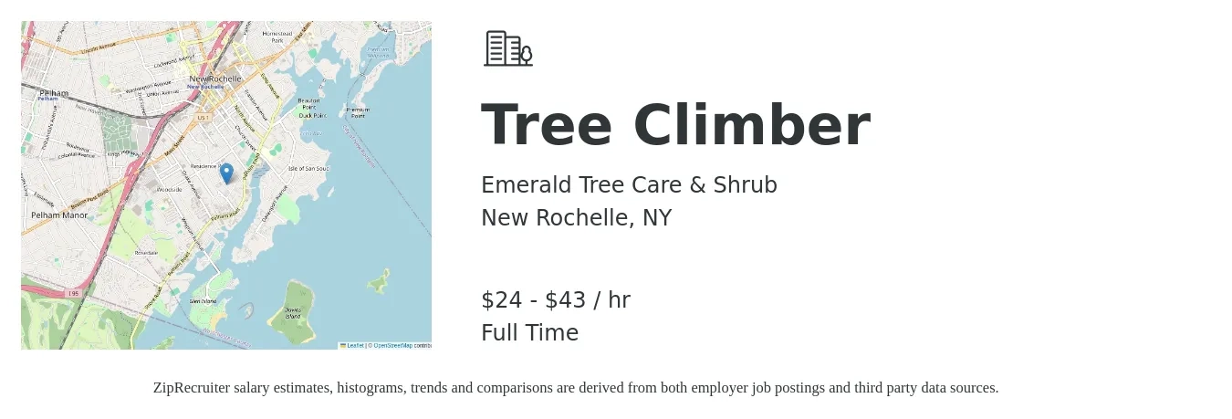 Emerald Tree Care & Shrub job posting for a Tree Climber in New Rochelle, NY with a salary of $25 to $45 Hourly with a map of New Rochelle location.