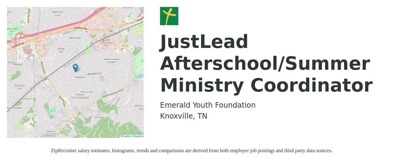 Emerald Youth Foundation job posting for a JustLead Afterschool/Summer Ministry Coordinator in Knoxville, TN with a salary of $19 to $25 Hourly with a map of Knoxville location.