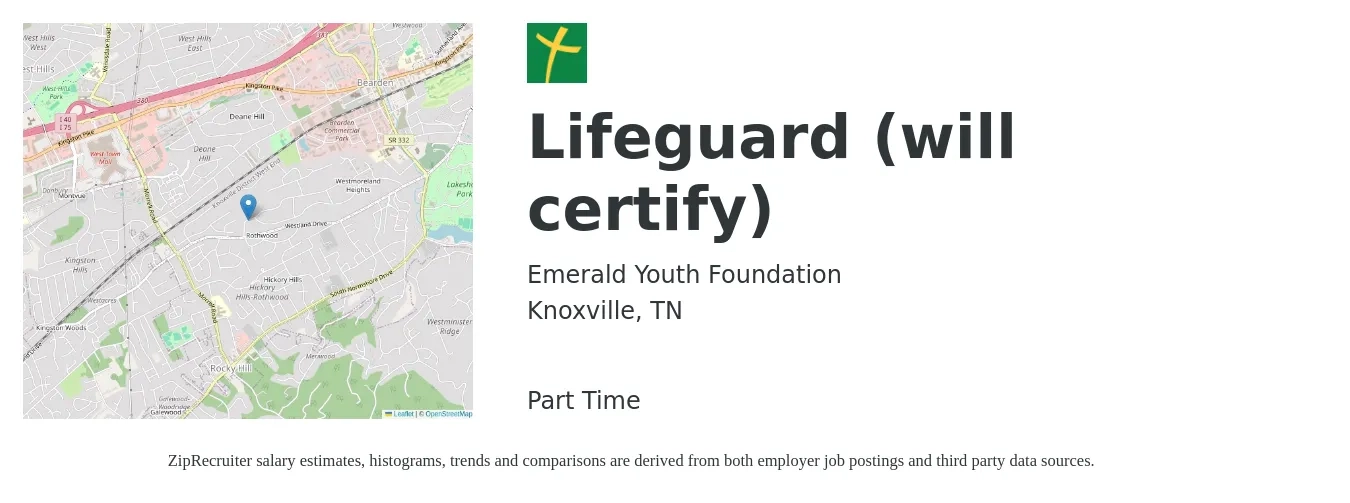 Emerald Youth Foundation job posting for a Lifeguard (will certify) in Knoxville, TN with a salary of $14 Hourly with a map of Knoxville location.