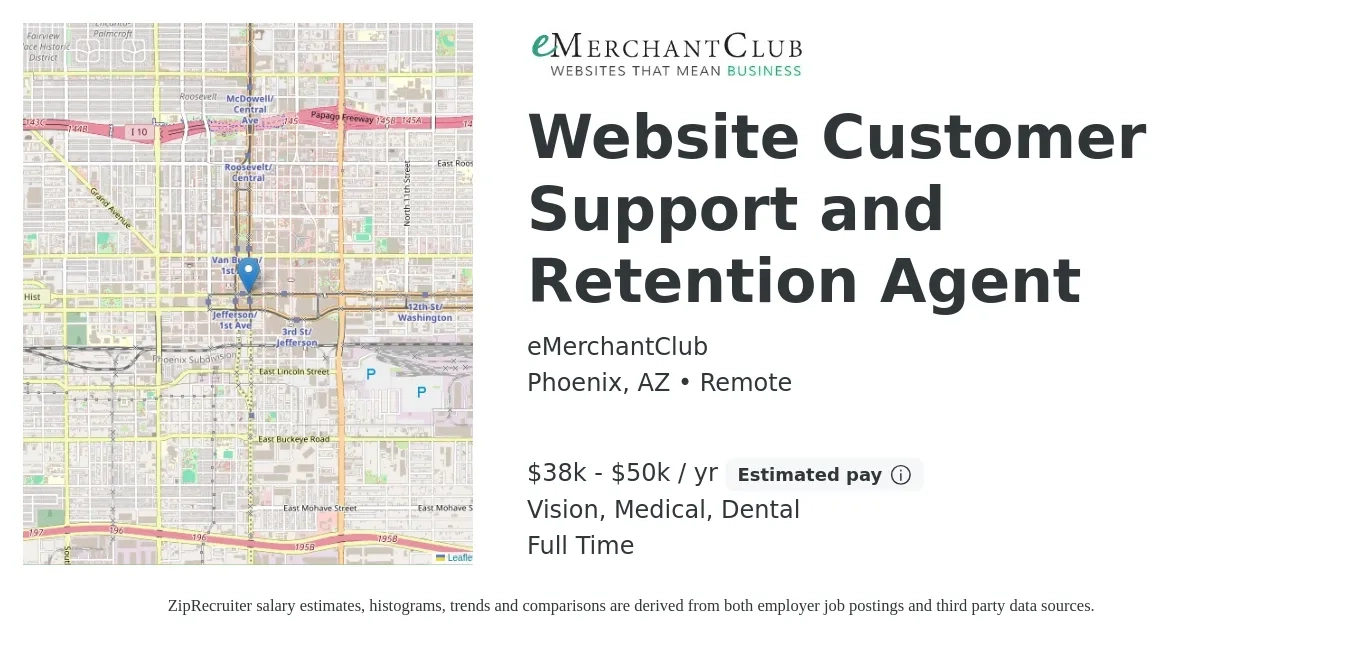 eMerchantClub job posting for a Website Customer Support and Retention Agent in Phoenix, AZ with a salary of $38,000 to $50,000 Yearly and benefits including medical, vision, and dental with a map of Phoenix location.