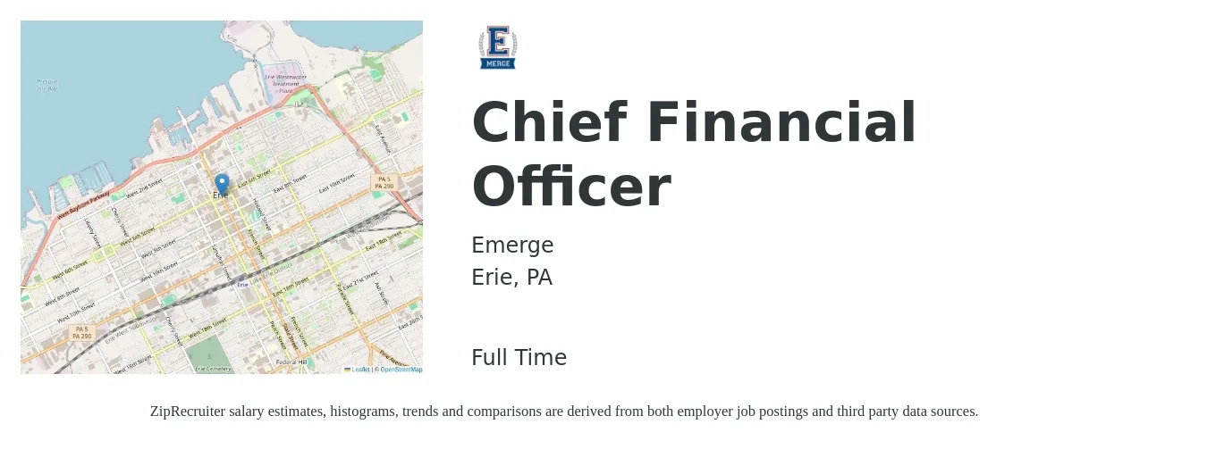 Emerge job posting for a Chief Financial Officer in Erie, PA with a salary of $136,600 to $387,500 Yearly with a map of Erie location.