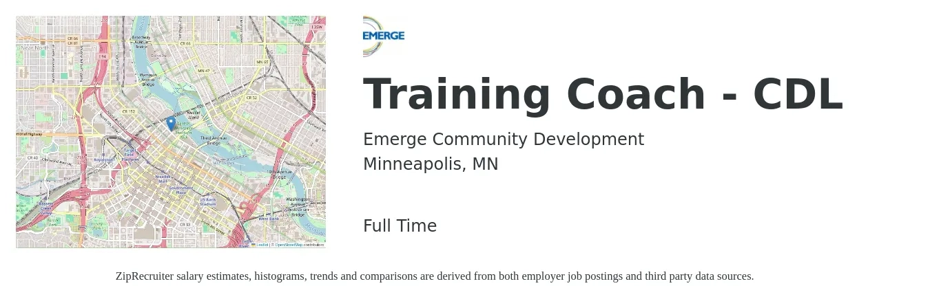 Emerge Community Development job posting for a Training Coach - CDL in Minneapolis, MN with a salary of $19 to $25 Hourly with a map of Minneapolis location.