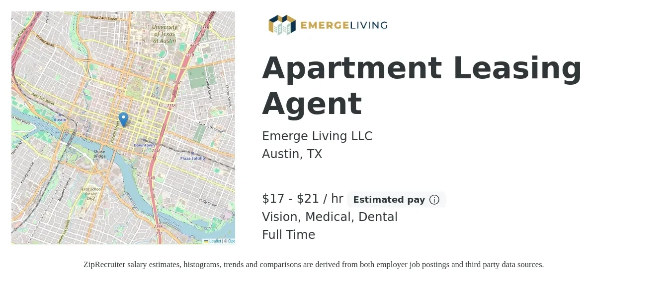 Emerge Living LLC job posting for a Apartment Leasing Agent in Austin, TX with a salary of $18 to $22 Hourly (plus commission) and benefits including medical, pto, retirement, vision, dental, and life_insurance with a map of Austin location.
