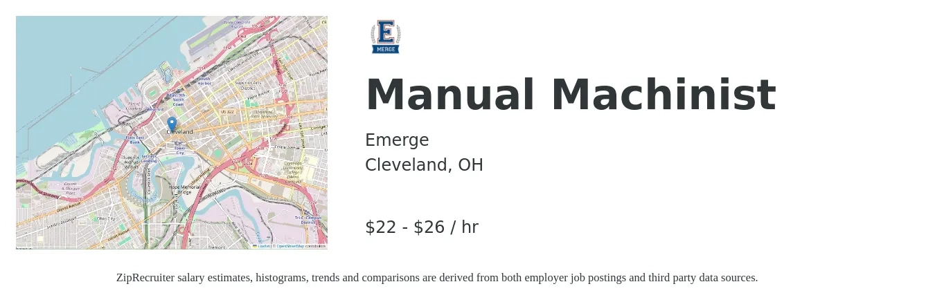 Emerge job posting for a Manual Machinist in Cleveland, OH with a salary of $23 to $28 Hourly with a map of Cleveland location.