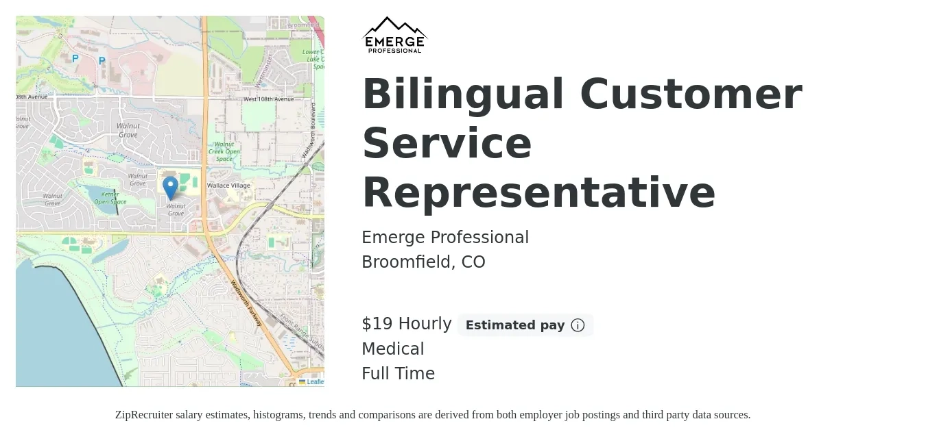 Emerge Professional job posting for a Bilingual Customer Service Representative in Broomfield, CO with a salary of $20 Hourly with a map of Broomfield location.
