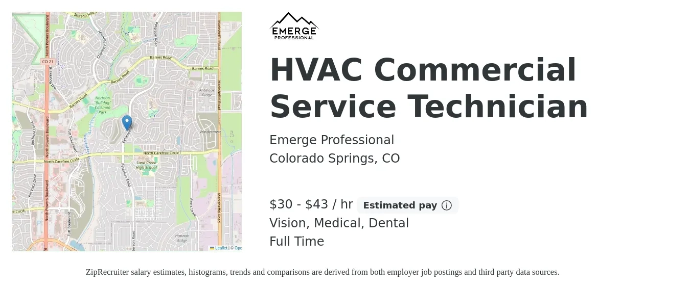 Emerge Professional job posting for a HVAC Commercial Service Technician in Colorado Springs, CO with a salary of $32 to $45 Hourly and benefits including dental, life_insurance, medical, pto, retirement, and vision with a map of Colorado Springs location.