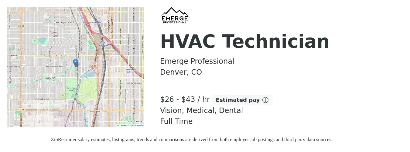 Emerge Professional job posting for a HVAC Technician in Denver, CO with a salary of $28 to $45 Hourly and benefits including dental, medical, pto, and vision with a map of Denver location.
