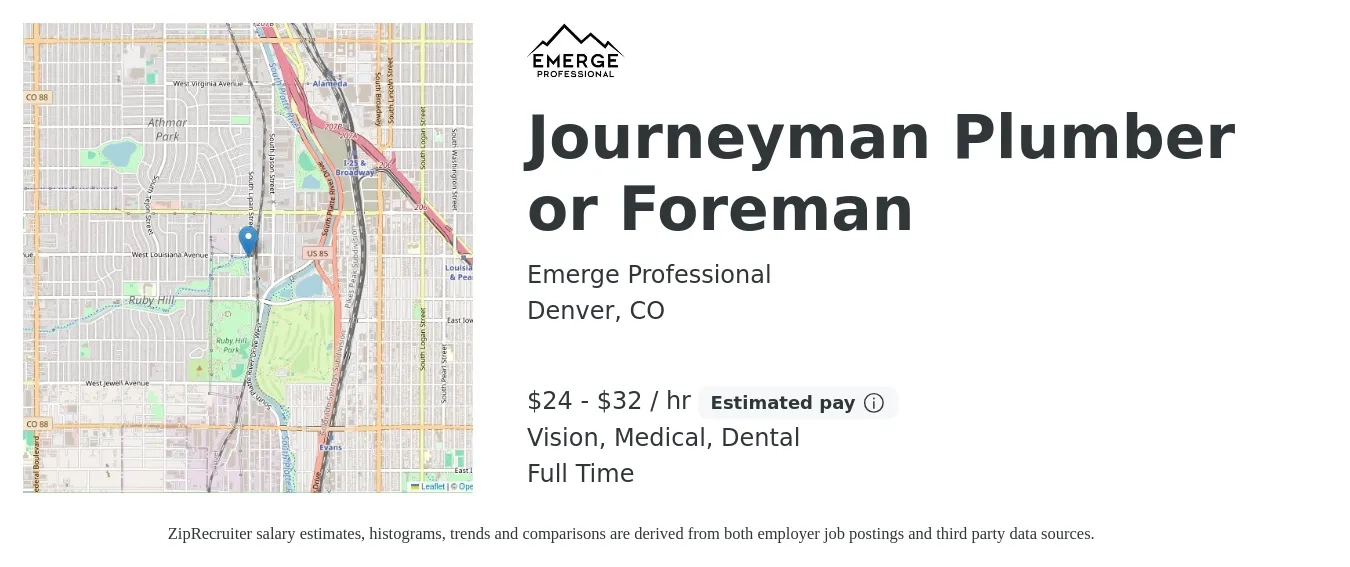 Emerge Professional job posting for a Journeyman Plumber or Foreman in Denver, CO with a salary of $25 to $34 Hourly and benefits including vision, dental, and medical with a map of Denver location.