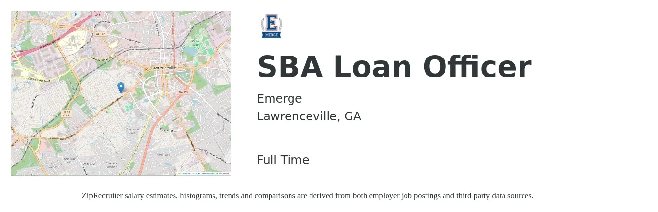 Emerge job posting for a SBA Loan Officer in Lawrenceville, GA with a salary of $39,700 to $77,700 Yearly with a map of Lawrenceville location.