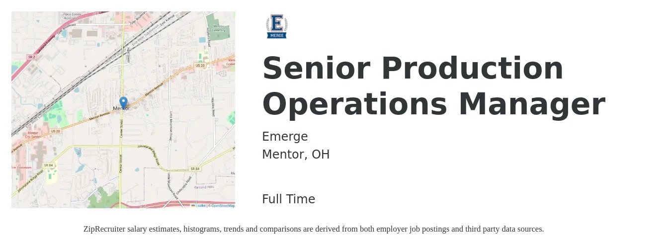 Emerge job posting for a Senior Production Operations Manager in Mentor, OH with a salary of $58,600 to $102,800 Yearly with a map of Mentor location.