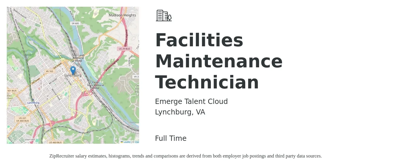 Emerge Talent Cloud job posting for a Facilities Maintenance Technician in Lynchburg, VA with a salary of $19 to $26 Hourly with a map of Lynchburg location.