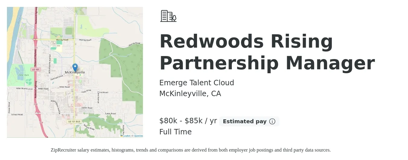 Emerge Talent Cloud job posting for a Redwoods Rising Partnership Manager in McKinleyville, CA with a salary of $80,000 to $85,000 Yearly with a map of McKinleyville location.