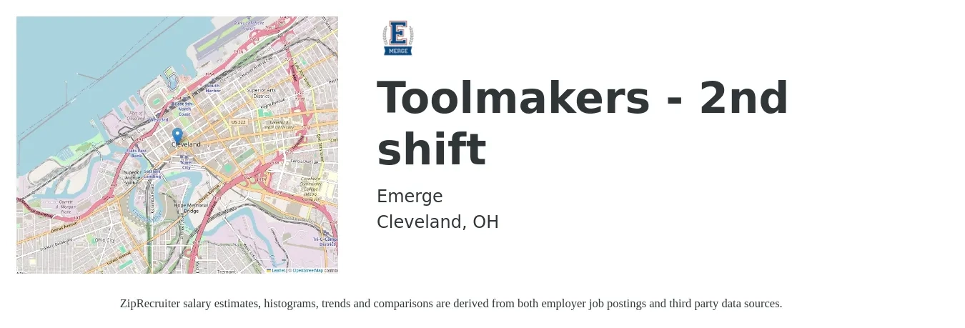 Emerge job posting for a Toolmakers - 2nd shift in Cleveland, OH with a salary of $25 to $32 Hourly with a map of Cleveland location.