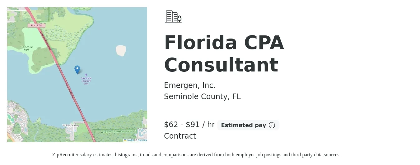 Emergen, Inc. job posting for a Florida CPA Consultant in Seminole County, FL with a salary of $65 to $95 Hourly (plus commission) with a map of Seminole County location.