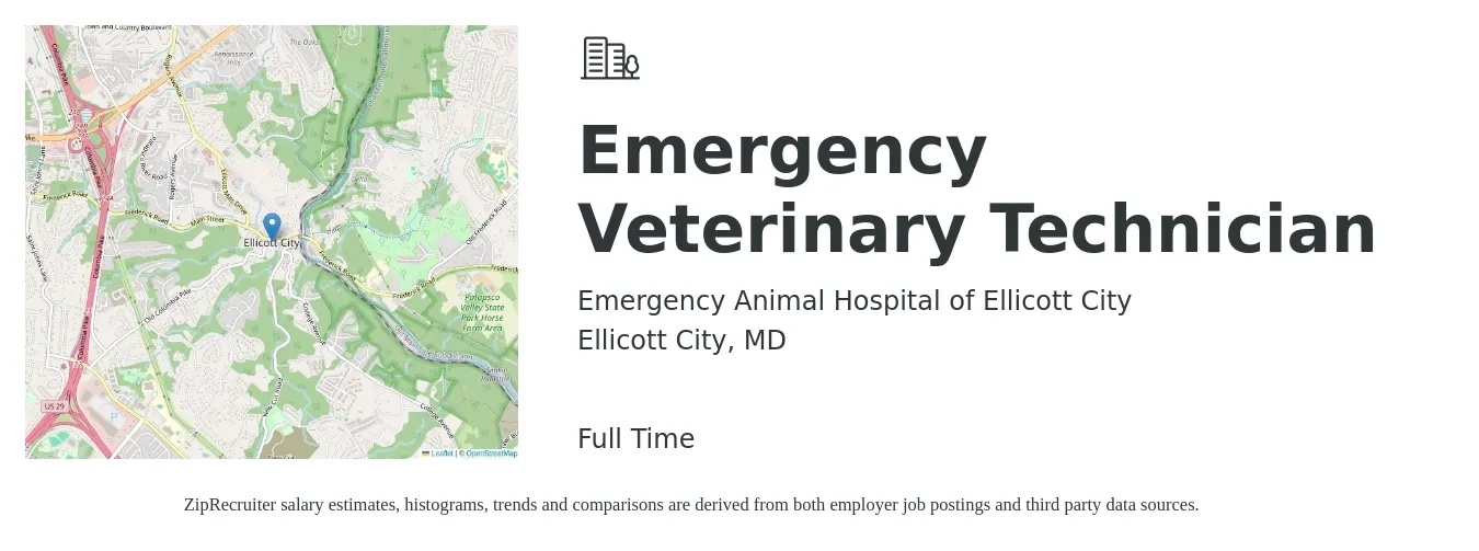 Emergency Animal Hospital of Ellicott City job posting for a Emergency Veterinary Technician in Ellicott City, MD with a salary of $20 to $28 Hourly with a map of Ellicott City location.