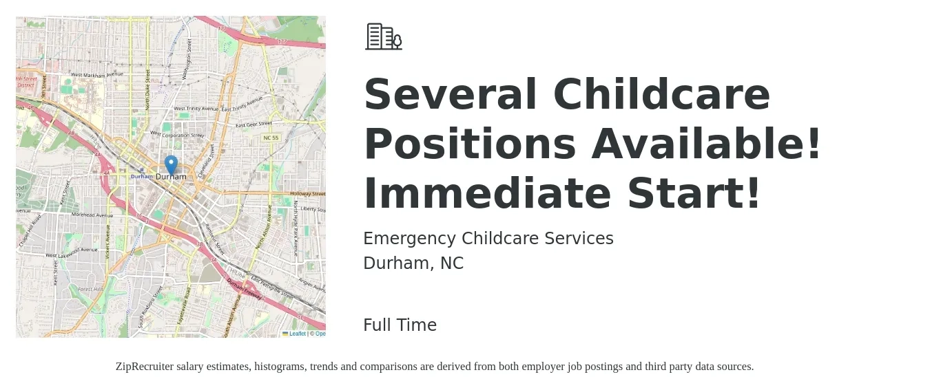 Emergency Childcare Services job posting for a Several Childcare Positions Available! Immediate Start! in Durham, NC with a salary of $13 to $15 Hourly with a map of Durham location.