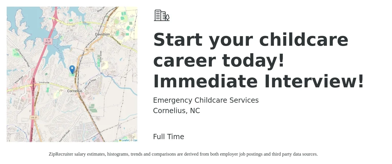 Emergency Childcare Services job posting for a Start your childcare career today! Immediate Interview! in Cornelius, NC with a salary of $13 to $15 Hourly with a map of Cornelius location.