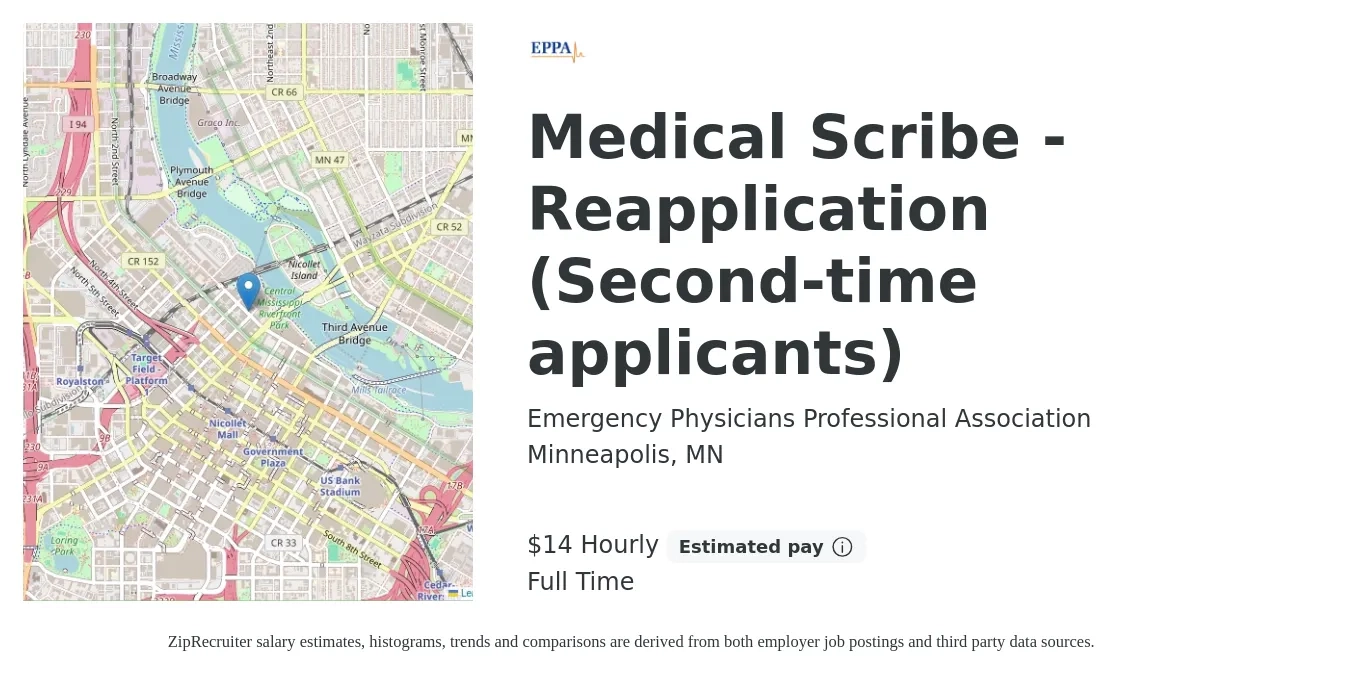 Emergency Physicians Professional Association job posting for a Medical Scribe - Reapplication (Second-time applicants) in Minneapolis, MN with a salary of $15 Hourly with a map of Minneapolis location.
