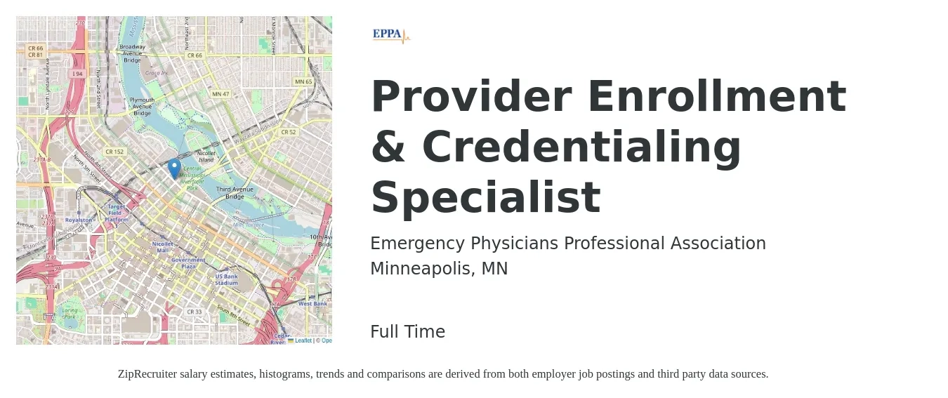 Emergency Physicians Professional Association job posting for a Provider Enrollment & Credentialing Specialist in Minneapolis, MN with a salary of $20 to $27 Hourly with a map of Minneapolis location.