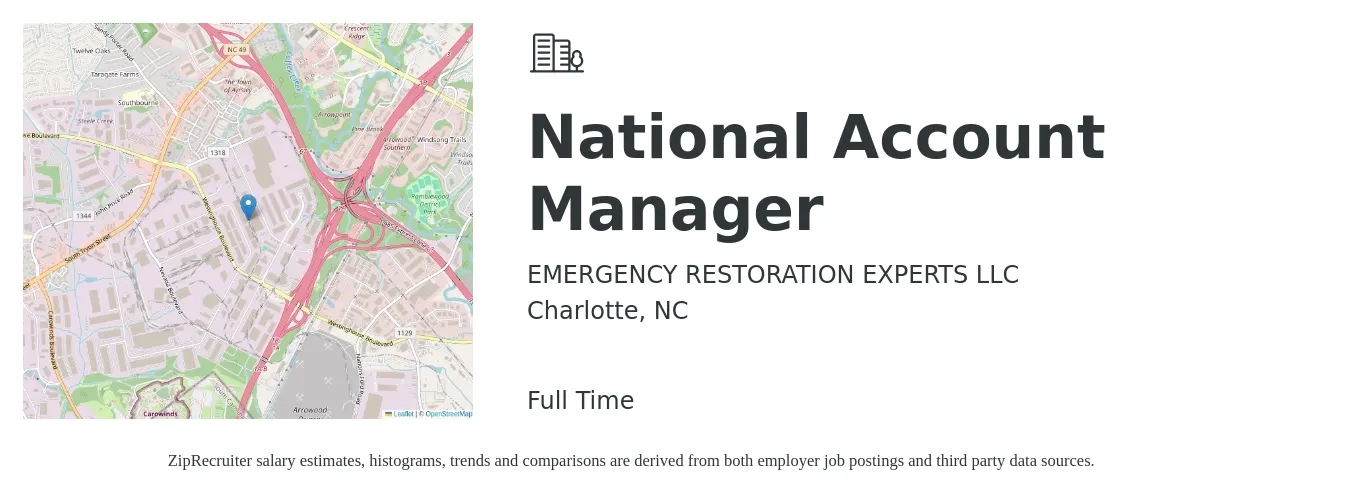 EMERGENCY RESTORATION EXPERTS LLC job posting for a National Account Manager in Charlotte, NC with a salary of $87,800 to $113,100 Yearly with a map of Charlotte location.