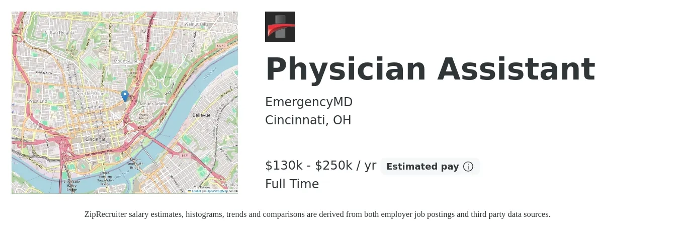 EmergencyMD job posting for a Physician Assistant in Cincinnati, OH with a salary of $130,000 to $250,000 Yearly with a map of Cincinnati location.