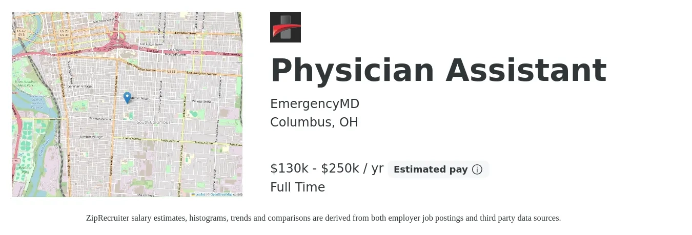 EmergencyMD job posting for a Physician Assistant in Columbus, OH with a salary of $130,000 to $250,000 Yearly with a map of Columbus location.
