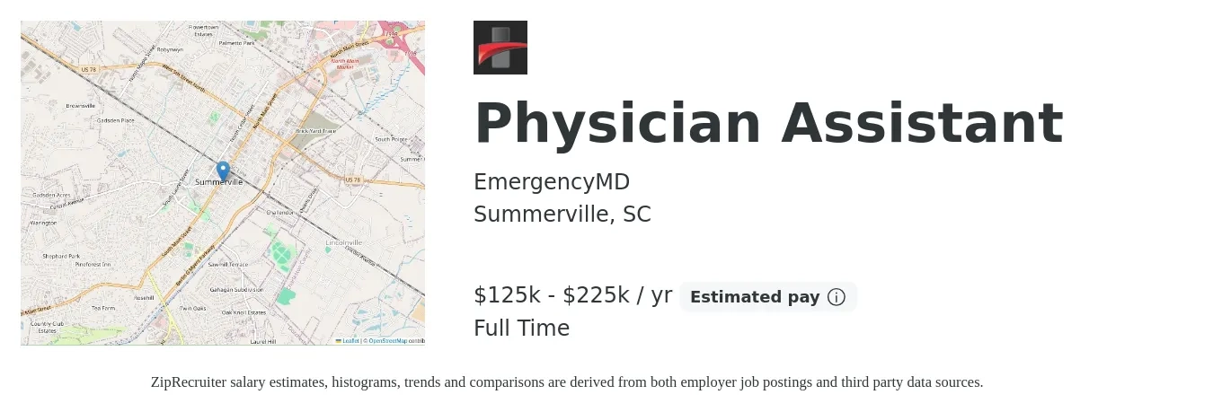 EmergencyMD job posting for a Physician Assistant in Summerville, SC with a salary of $125,000 to $225,000 Yearly with a map of Summerville location.