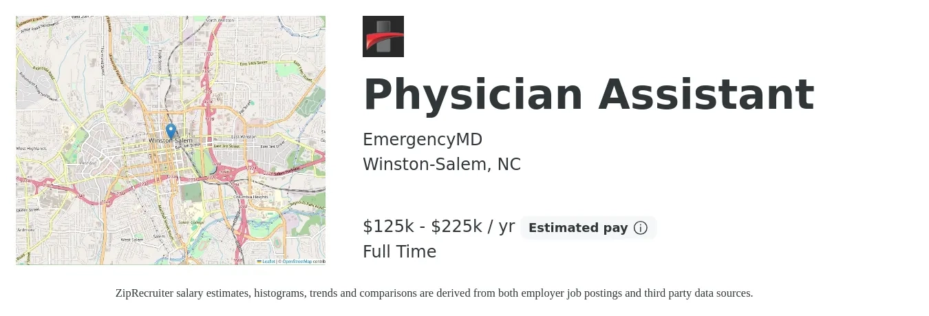 EmergencyMD job posting for a Physician Assistant in Winston-Salem, NC with a salary of $125,000 to $225,000 Yearly with a map of Winston-Salem location.