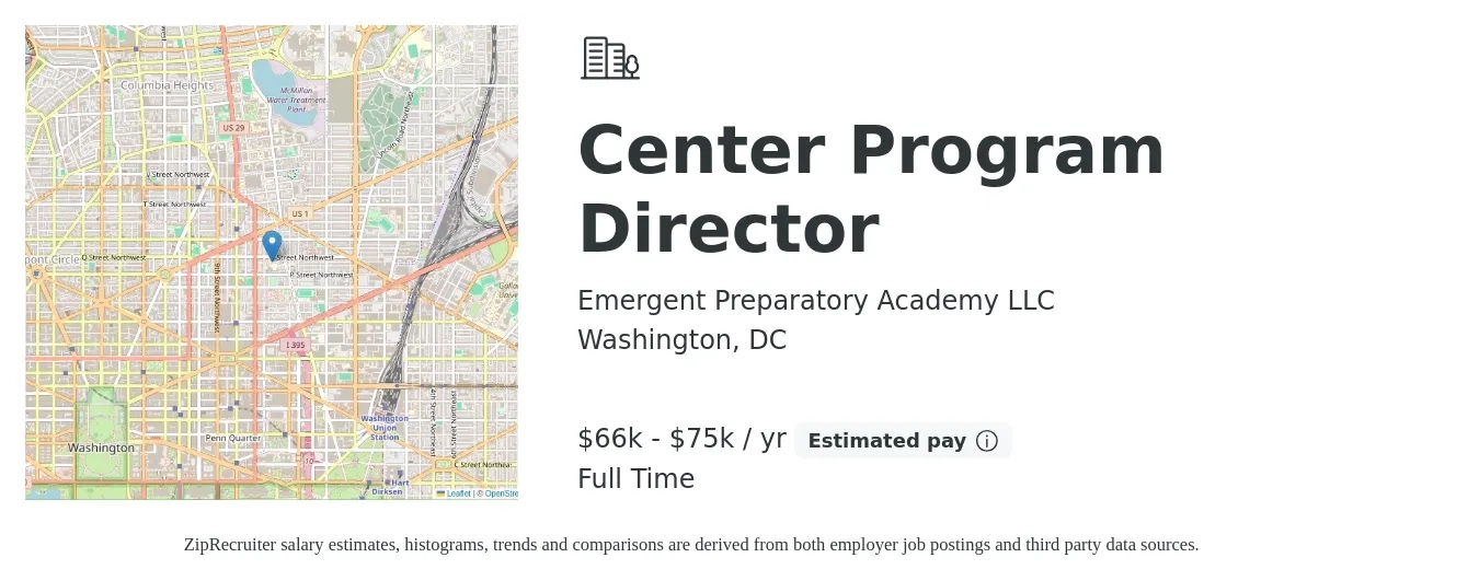 Emergent Preparatory Academy LLC job posting for a Center Program Director in Washington, DC with a salary of $66,000 to $75,000 Yearly with a map of Washington location.
