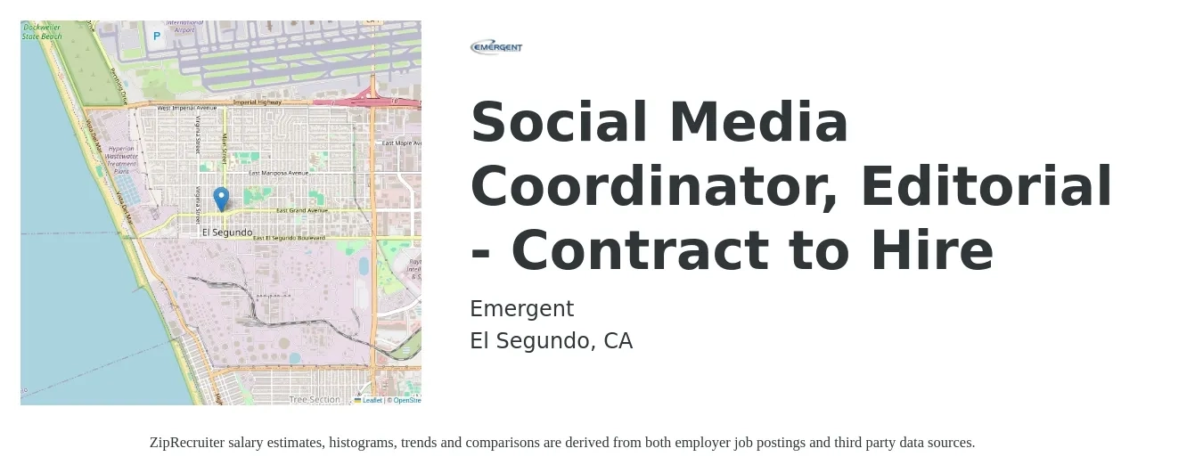 Emergent job posting for a Social Media Coordinator, Editorial - Contract to Hire in El Segundo, CA with a salary of $55,000 to $60,000 Yearly with a map of El Segundo location.