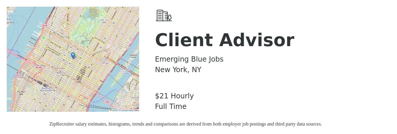 Emerging Blue Jobs job posting for a Client Advisor in New York, NY with a salary of $22 Hourly with a map of New York location.