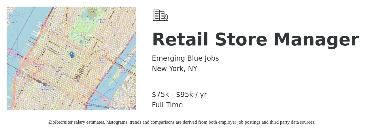 Emerging Blue Jobs job posting for a Retail Store Manager in New York, NY with a salary of $75,000 to $95,000 Yearly with a map of New York location.