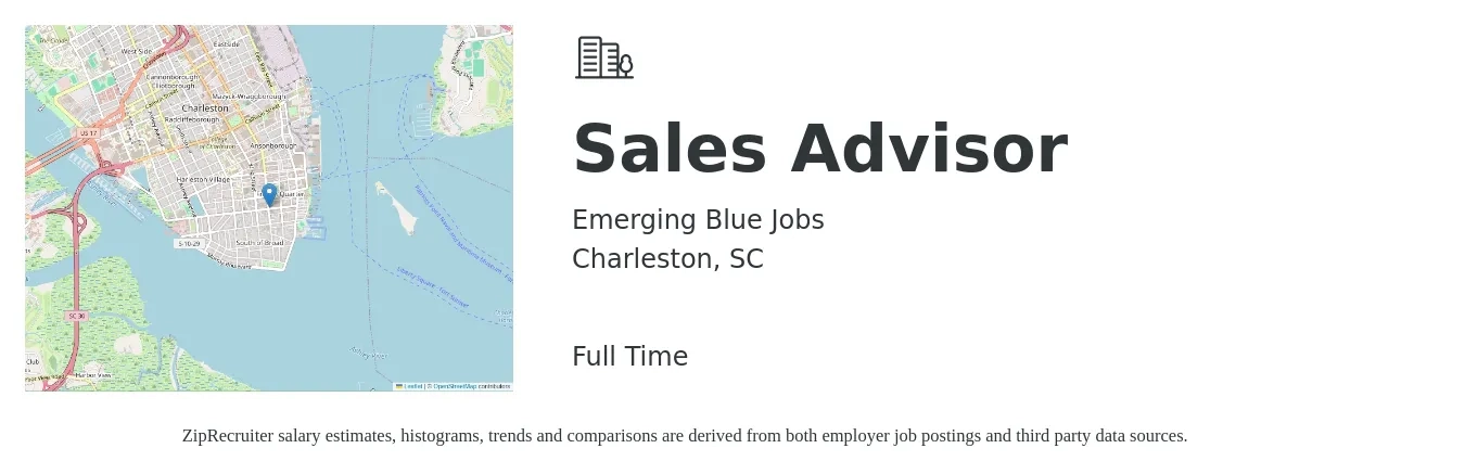 Emerging Blue Jobs job posting for a Sales Advisor in Charleston, SC with a salary of $3,000 to $3,500 Monthly with a map of Charleston location.