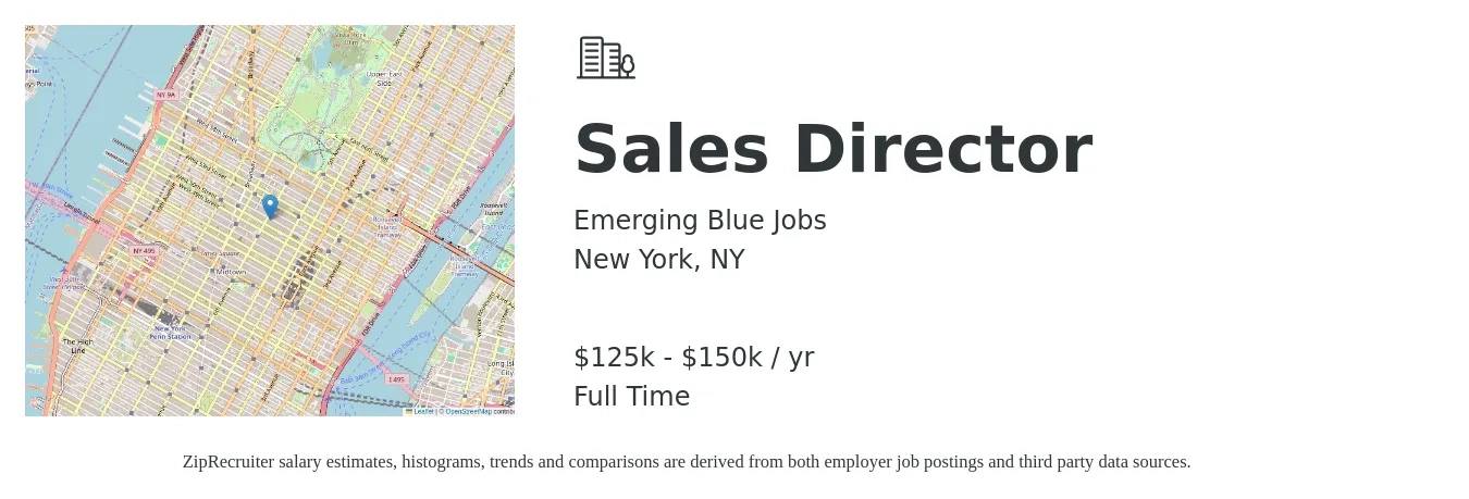 Emerging Blue Jobs job posting for a Sales Director in New York, NY with a salary of $125,000 to $150,000 Yearly with a map of New York location.