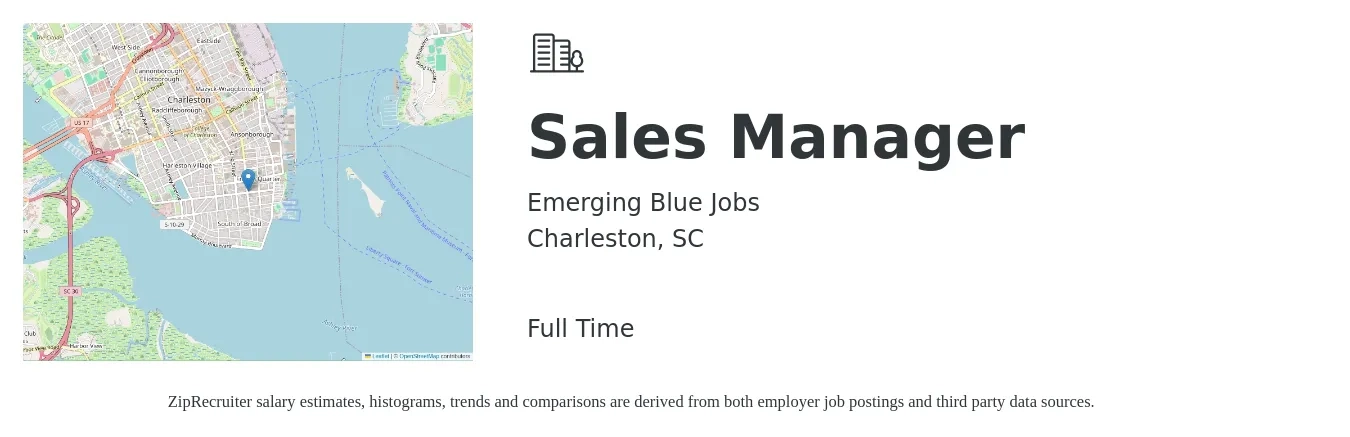 Emerging Blue Jobs job posting for a Sales Manager in Charleston, SC with a salary of $42,100 to $90,300 Yearly with a map of Charleston location.