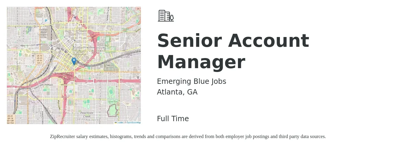 Emerging Blue Jobs job posting for a Senior Account Manager in Atlanta, GA with a salary of $74,500 to $117,300 Yearly with a map of Atlanta location.
