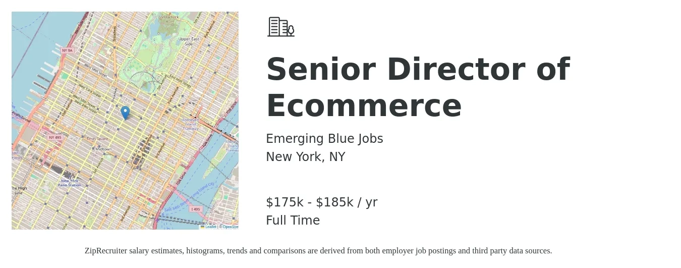 Emerging Blue Jobs job posting for a Senior Director of Ecommerce in New York, NY with a salary of $175,000 to $185,000 Yearly with a map of New York location.