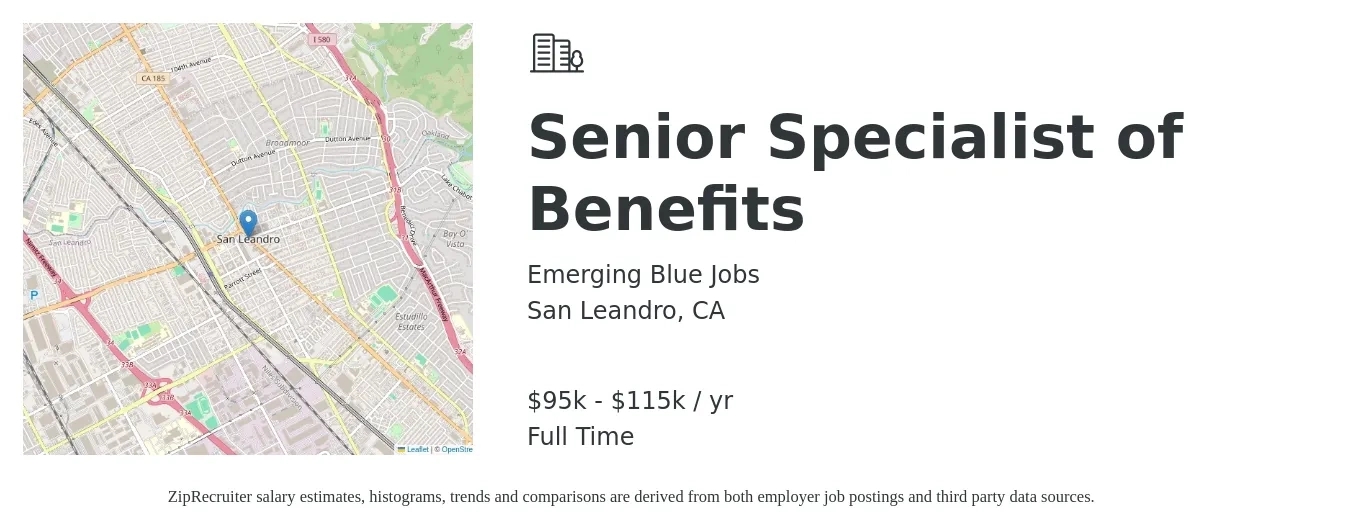 Emerging Blue Jobs job posting for a Senior Specialist of Benefits in San Leandro, CA with a salary of $95,000 to $115,000 Yearly with a map of San Leandro location.
